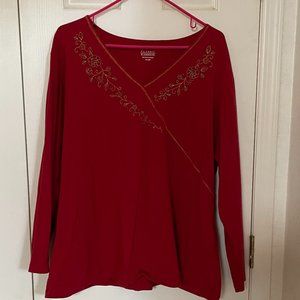 Red Long Sleeve V Neck Top